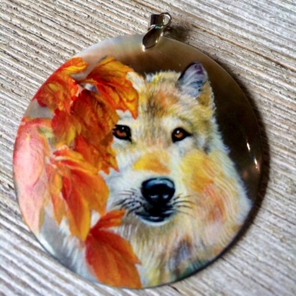 Hand Painted Wolf on Shell Pendant